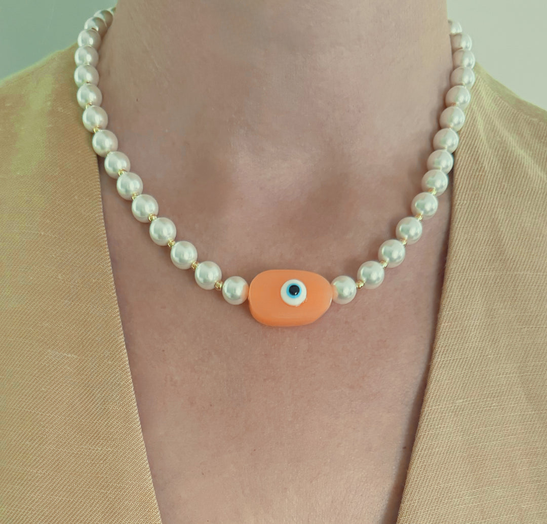 Evil Eye Pearl Necklace 18K gold plated - Peach