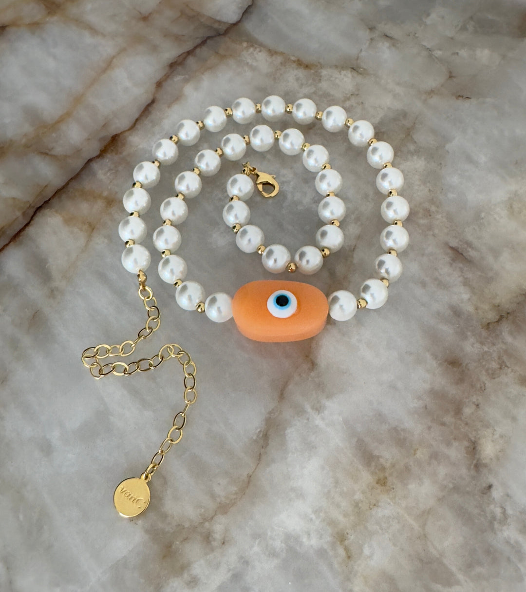 Evil Eye Pearl Necklace 18K gold plated - Peach