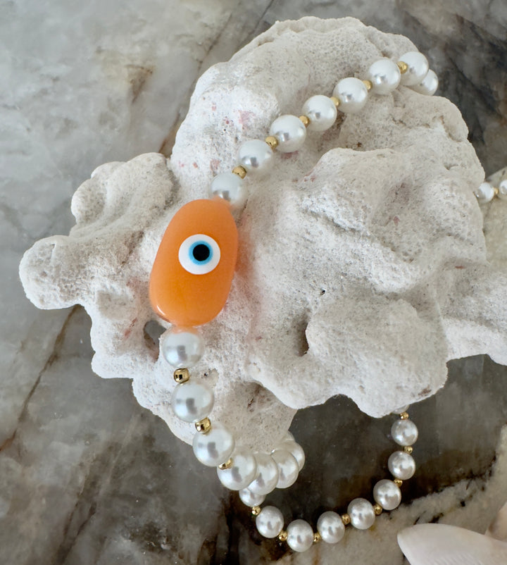 Evil Eye Pearl Necklace 18K gold plated - Peach