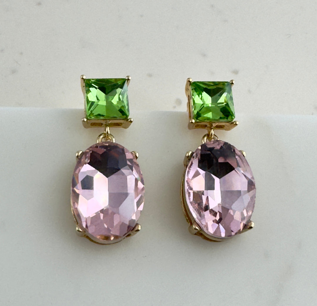 Two way Glow crystal earrings 18K gold plated - Pink/Pistachio Green