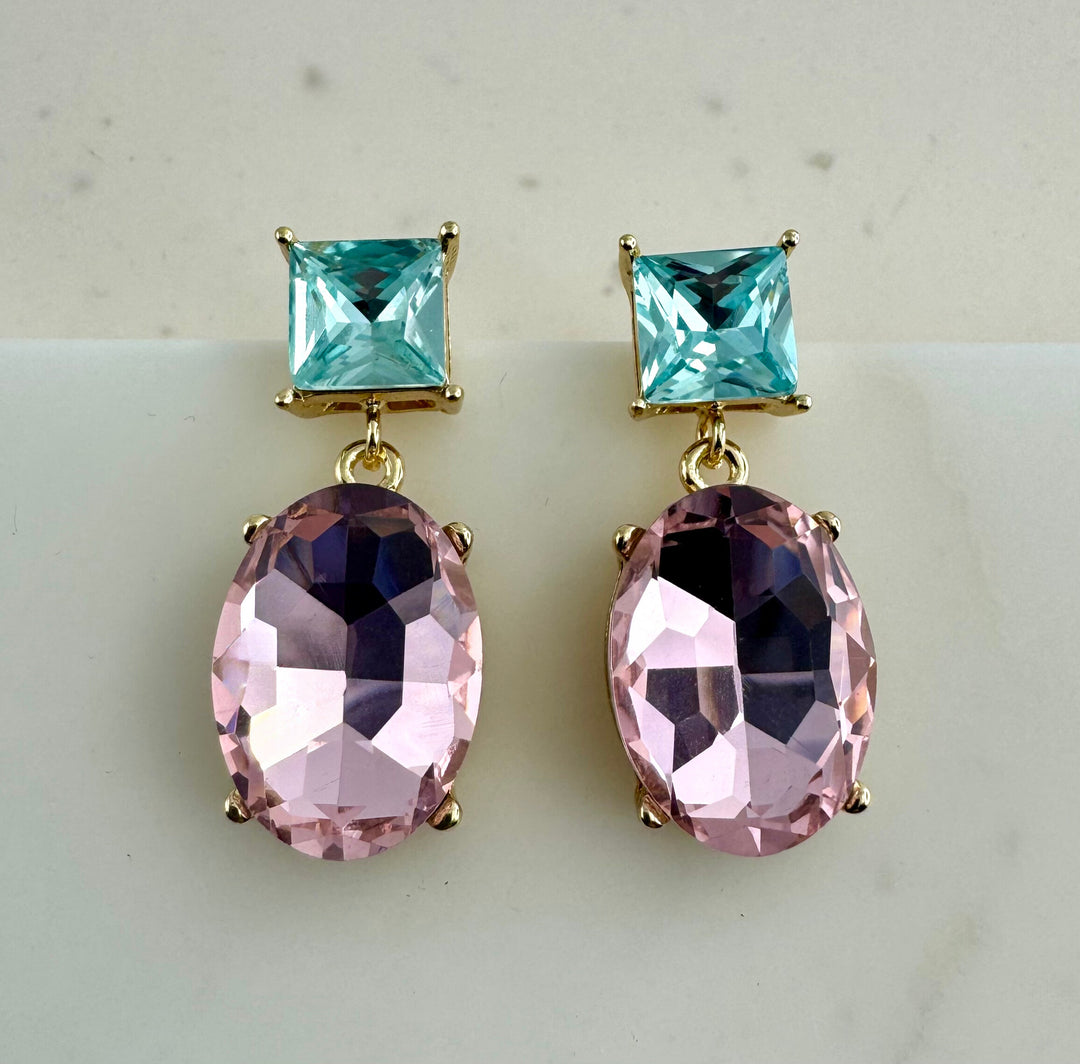 Two way Glow crystal earrings 18K gold plated - Pink/ Aqua blue