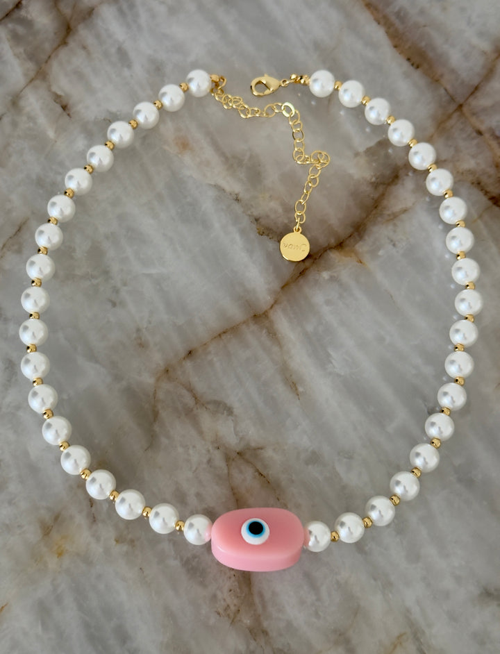 Evil Eye Pearl Necklace 18K gold plated - Pink