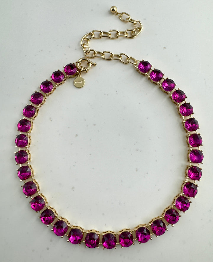 Glow Crystal necklace with round crystals 18K gold plated - Magenta bloom