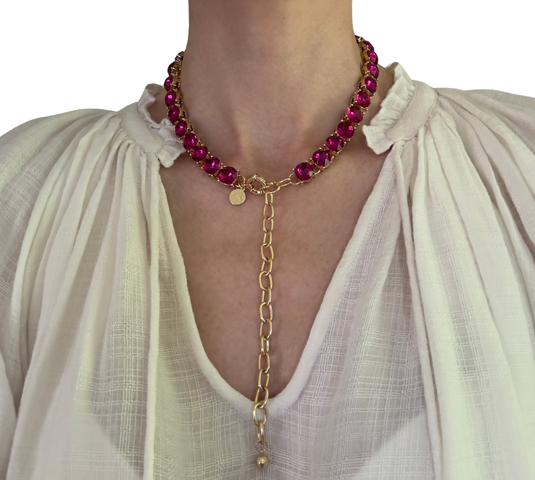 Glow Crystal necklace with round crystals 18K gold plated - Magenta bloom