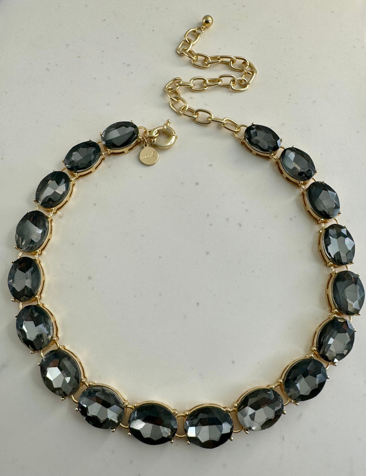 Glow Crystal necklace with oversized oval crystals 18K gold plated - Dark Grey