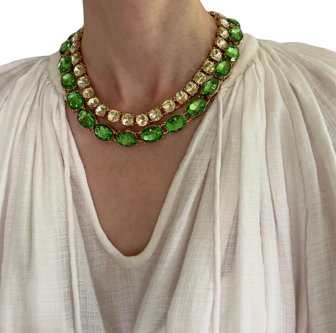 Glow Crystal necklace with oversized oval crystals 18K gold plated - Gourmet Green