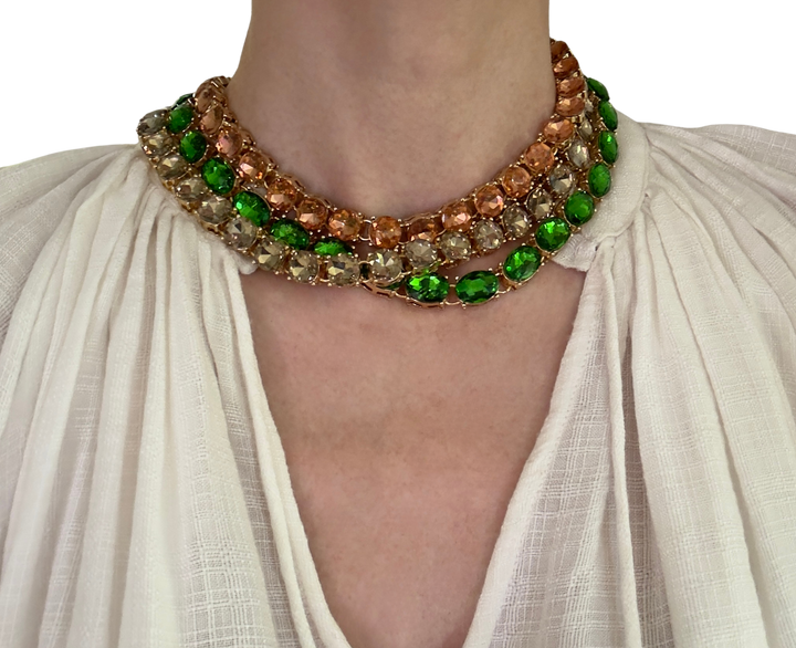 Glow Crystal necklace with oval crystals 18K gold plated - Fern Green