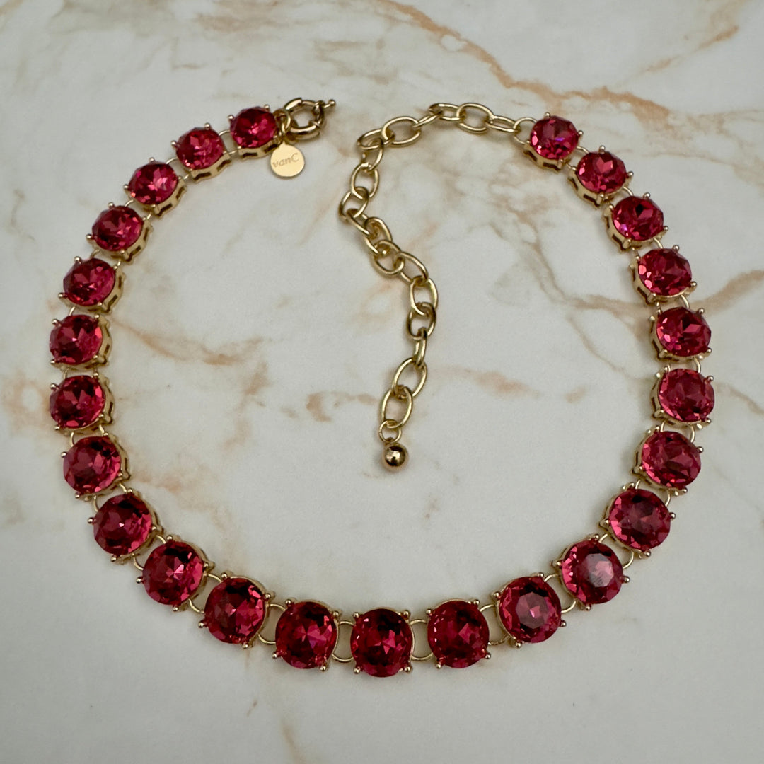 Glow Crystal necklace with round crystals 18K gold plated - Peony Pink