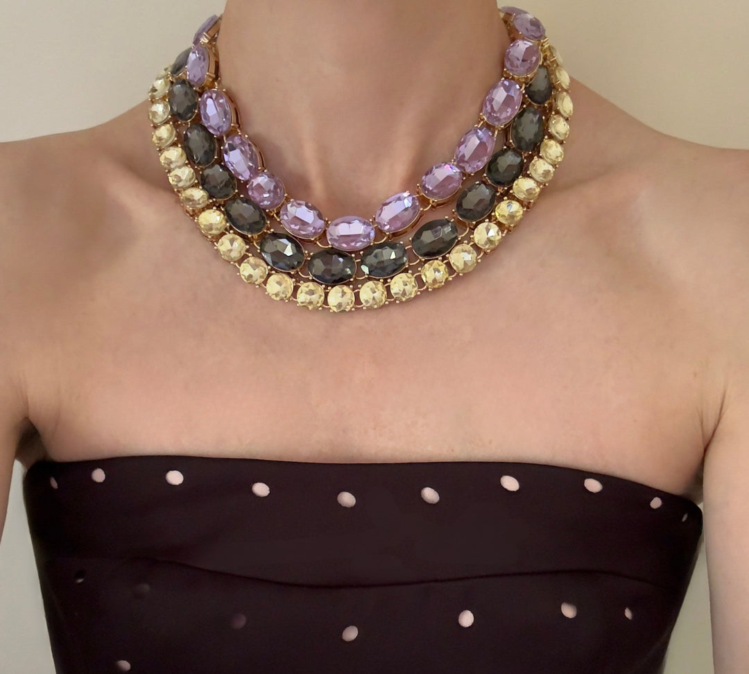 Glow Crystal necklace with oversized oval crystals 18K gold plated - Dark Grey