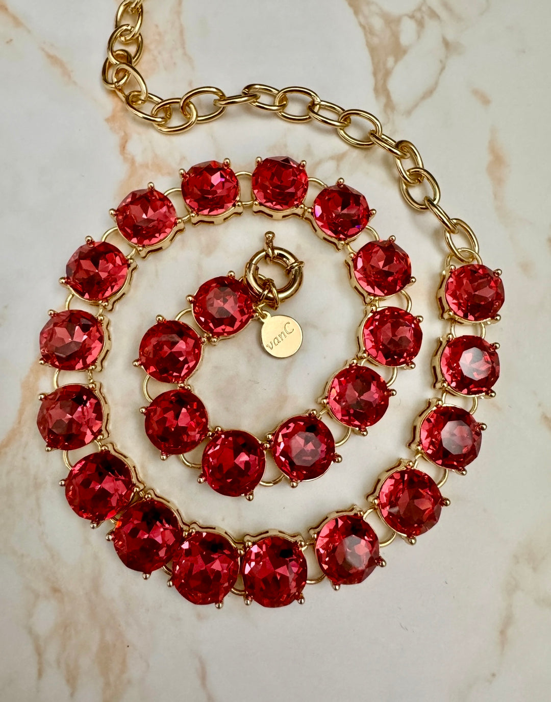 Glow Crystal necklace with round crystals 18K gold plated - Peony Pink
