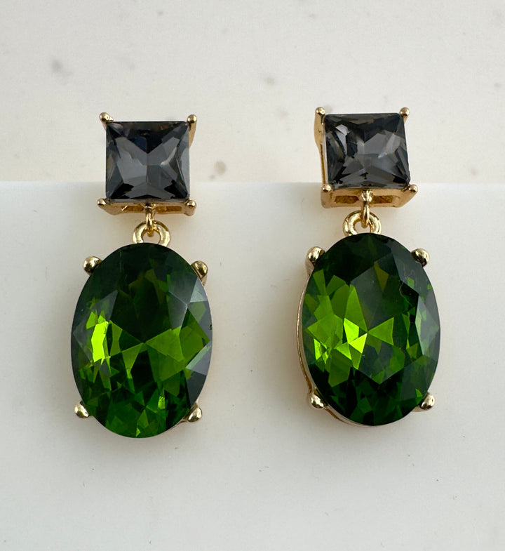 Two way Glow crystal earrings 18K gold plated - Green/Smokey Grey