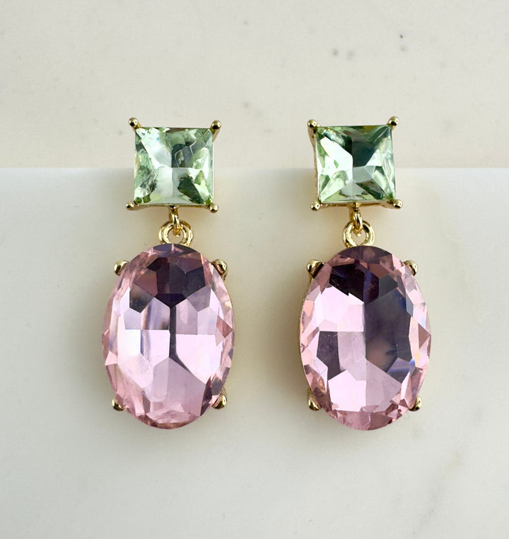 Two way Glow crystal earrings 18K gold plated - Pink/Light Green