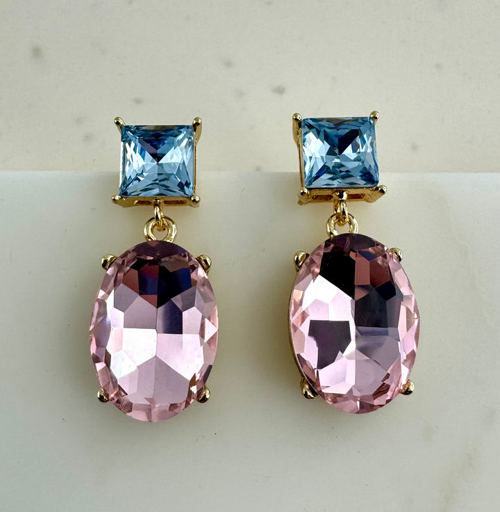 Two way Glow crystal earrings 18K gold plated - Pink/ Sky blue