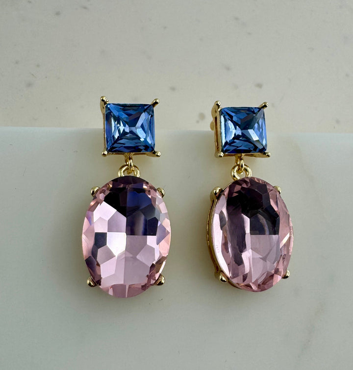 Two way Glow crystal earrings 18K gold plated - Pink/ Celestial blue