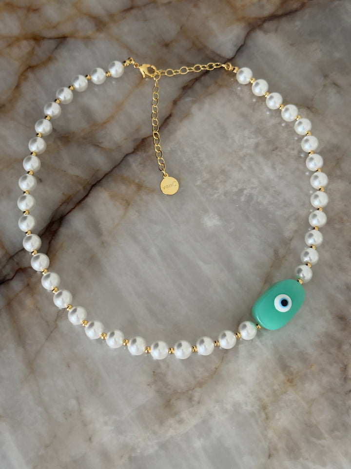 Evil Eye Pearl Necklace 18K gold plated - Aqua