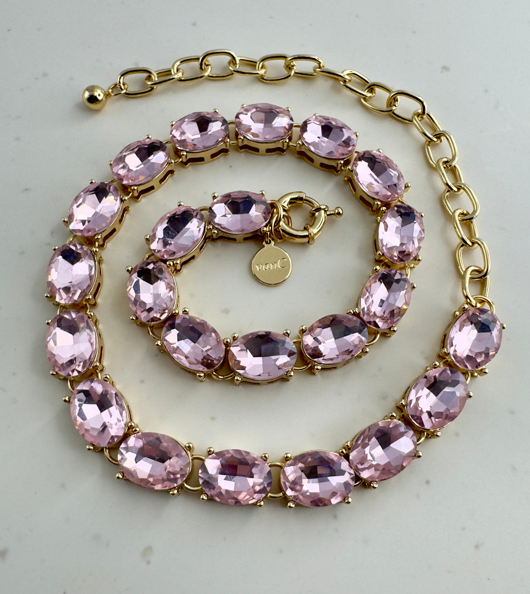 Glow Crystal necklace with oval crystals 18K gold plated - Light Rose