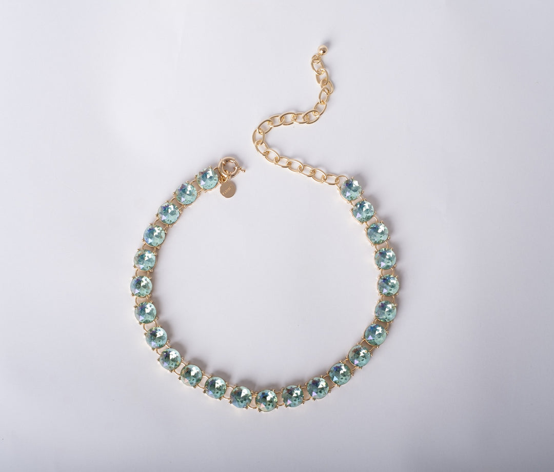 Necklace with Aqua Blue crystals, 18K gold plated inspired by Peranakan tiles