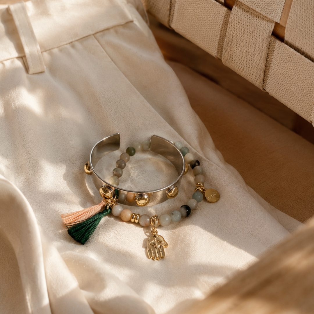 Silver Roman cuff bracelet layered with artisanal beaded bracelet featuring hand and tassels charms