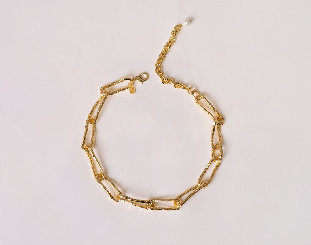 Gold Connecting Worlds Necklace with pearl drop, sculptural chain design