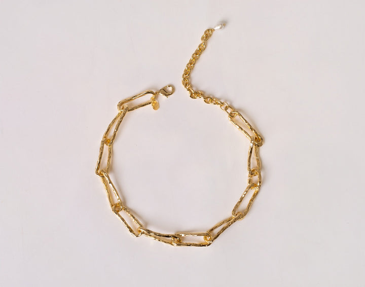 Gold Connecting Worlds Necklace with pearl drop, sculptural chain design