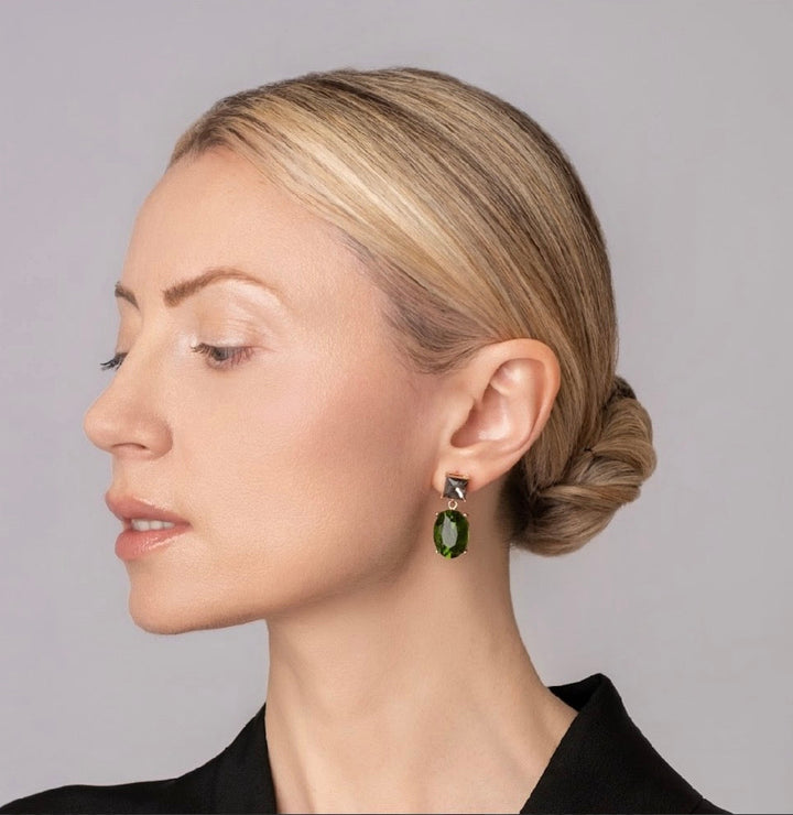 Two way Glow crystal earrings 18K gold plated - Green/Smokey Grey