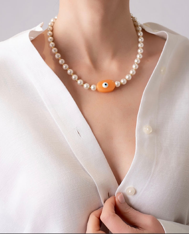 Evil Eye Pearl Necklace 18K gold plated - Peach
