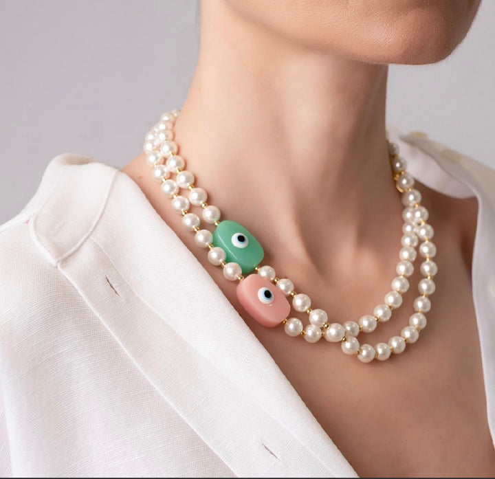 Evil Eye Pearl Necklace 18K gold plated - Pink