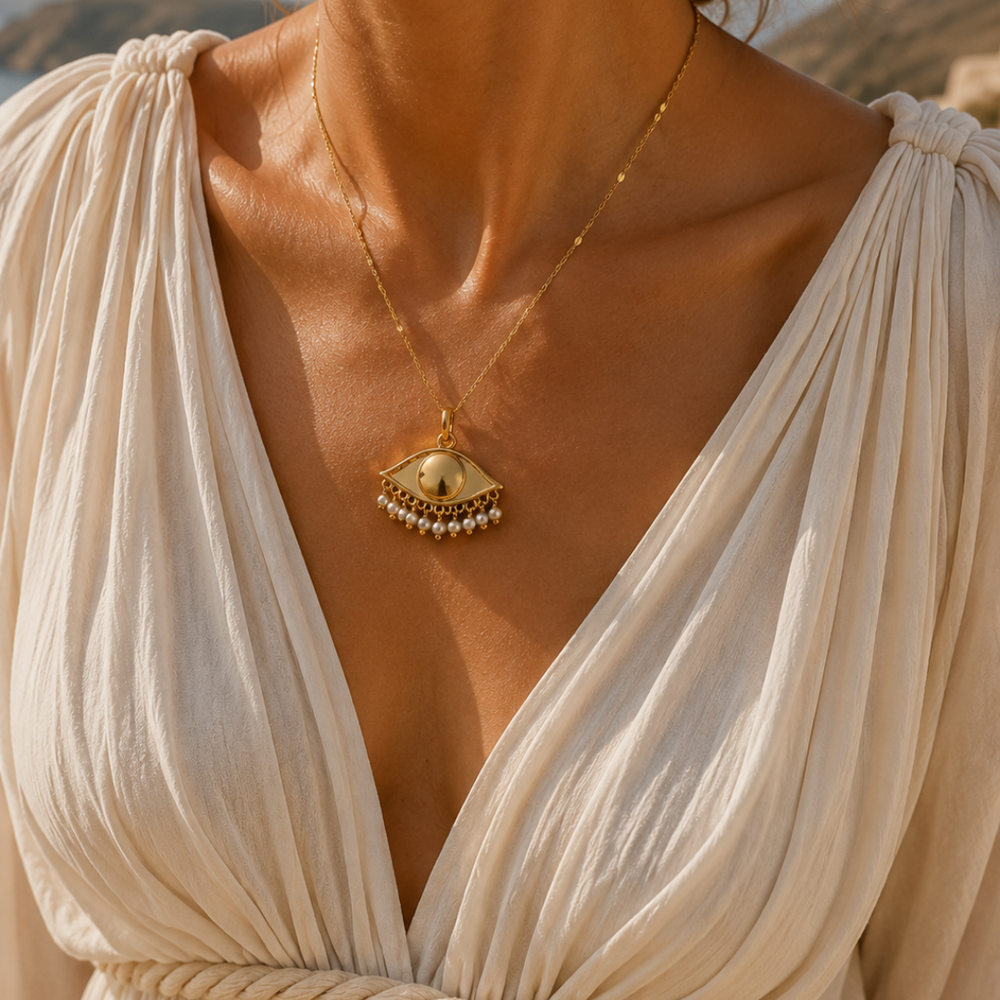 See the World 18K gold-plated eye charm with white pearl bead detailing worn as a pendant, designed by Blauw van C. 