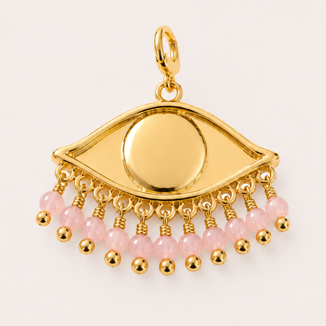 See the World Charm in Sakura Pink, 18k Gold plated pendant with pink beads