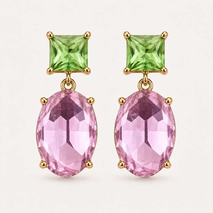 Two-Way Glow Crystal Earrings with pistachio green square-cut crystals and faceted pink oval drops in 18K gold plating, front view.