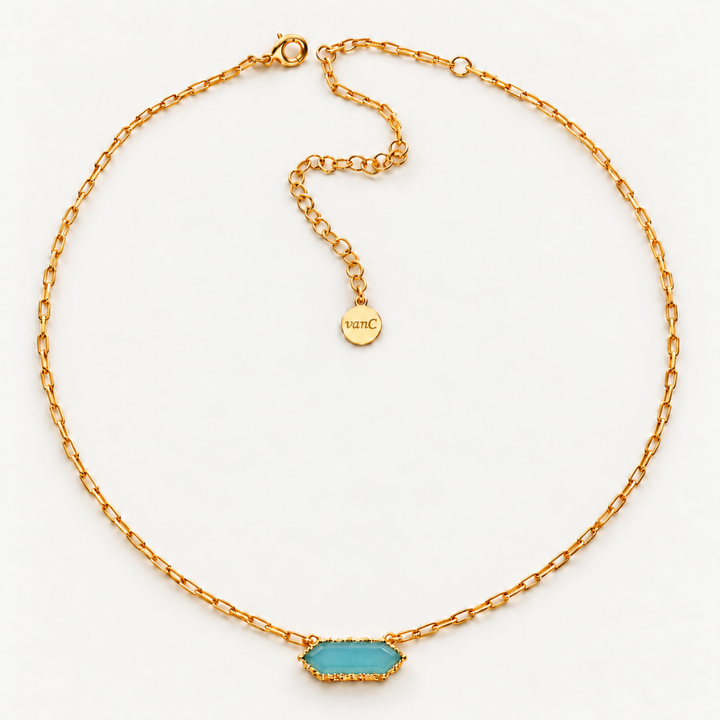 Blauw van C Andalus Necklace in Cadiz Blue, showing the agate pendant, 18K gold-plated link chain, clasp and extender on an off-white background.