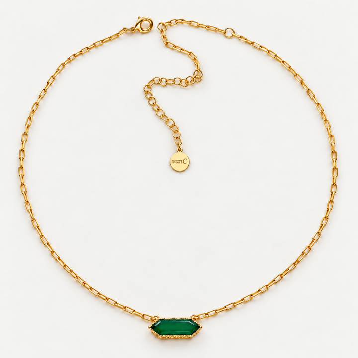 Blauw van C Andalus Necklace in Granada Green, showing the agate pendant, 18K gold-plated link chain, lobster clasp and extender on a cream background.