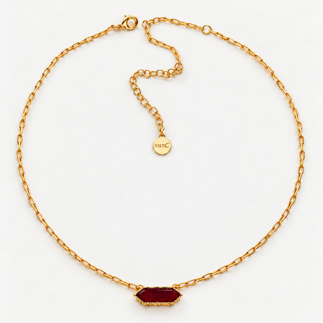 Blauw van C Andalus Necklace in Pomegranate Red, showing the agate pendant, 18K gold-plated link chain, lobster clasp and extender on an off-white background.