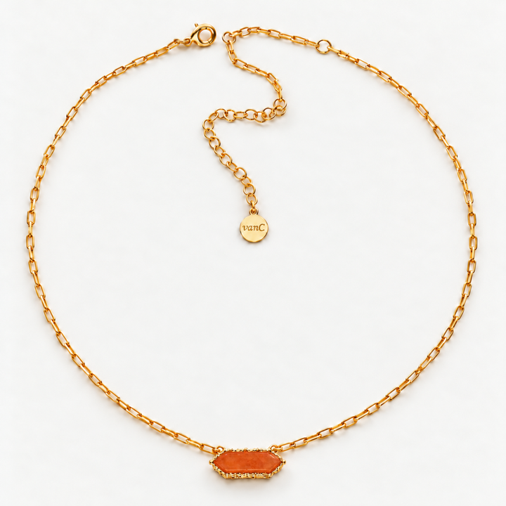 Blauw van C Andalus Necklace in Seville Orange, showing the agate pendant, 18K gold-plated link chain, clasp and extender on an off-white background.